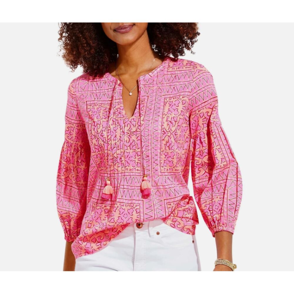 Vineyard Vines Tortola Scarf Print Pleated Top Knockout Pink Women's XS